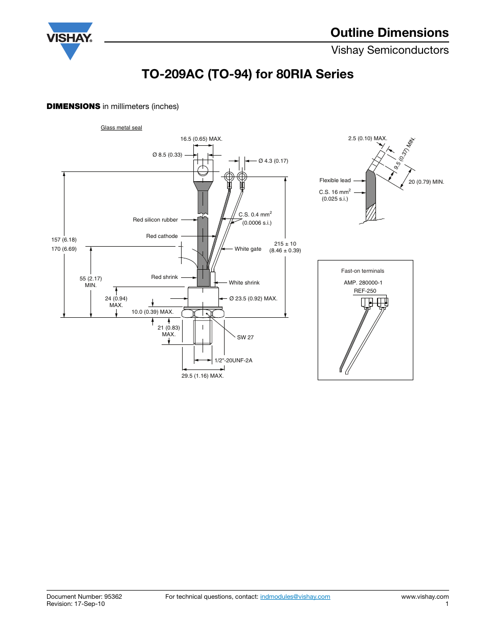 Package drawings - 95362, Vishay semiconductors, Dimensions in millimeters (inches) | C&H Technology 82RIA...PbF Series User Manual | Page 8 / 10
