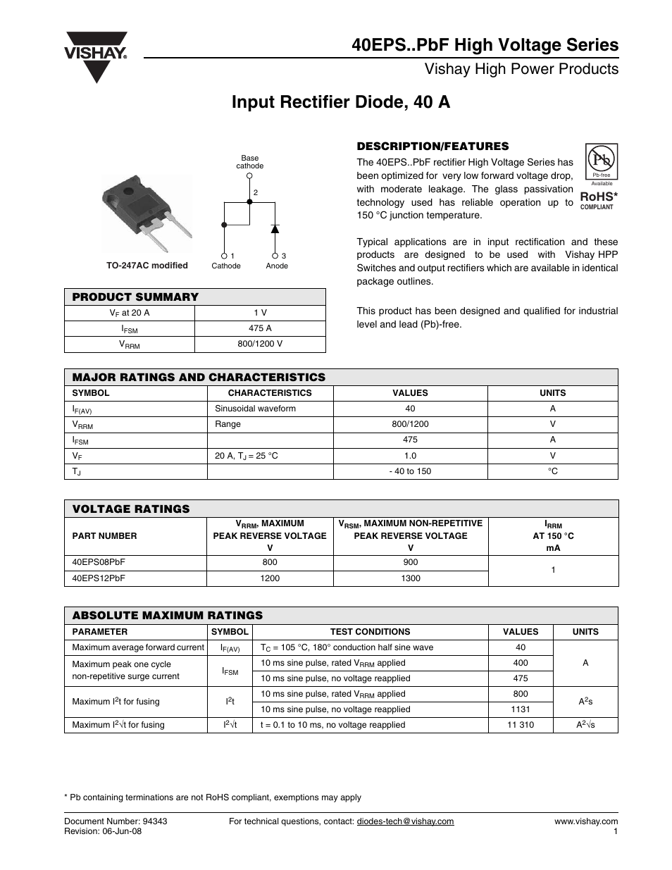 Datasheet, Input rectifier diode, 40 a, 40eps..pbf high voltage series | Vishay high power products, Rohs | C&H Technology 40EPS..PbF High Voltage Series User Manual | Page 2 / 6