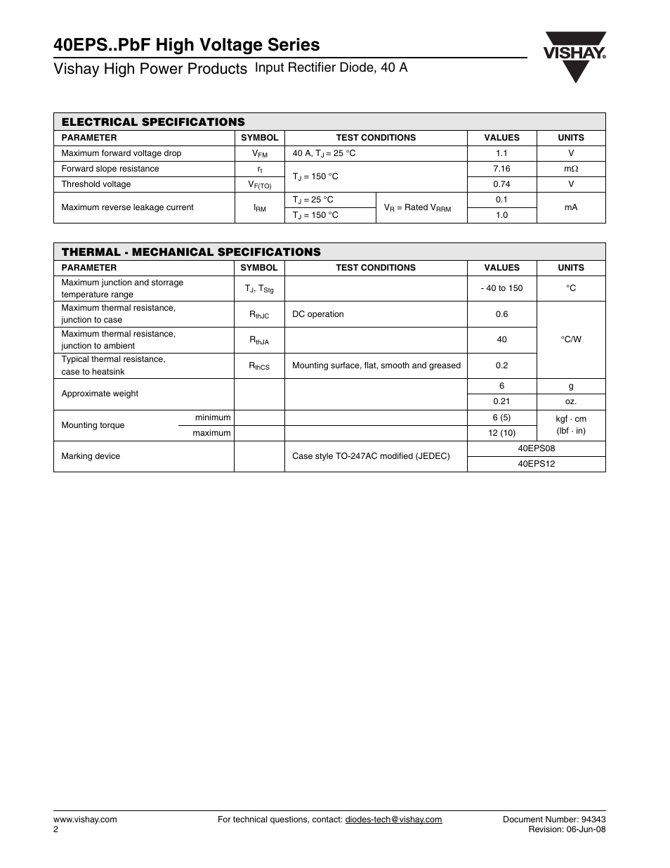 40eps..pbf high voltage series, Vishay high power products, Input rectifier diode, 40 a | C&H Technology 40EPS..PbF High Voltage Series User Manual | Page 3 / 6