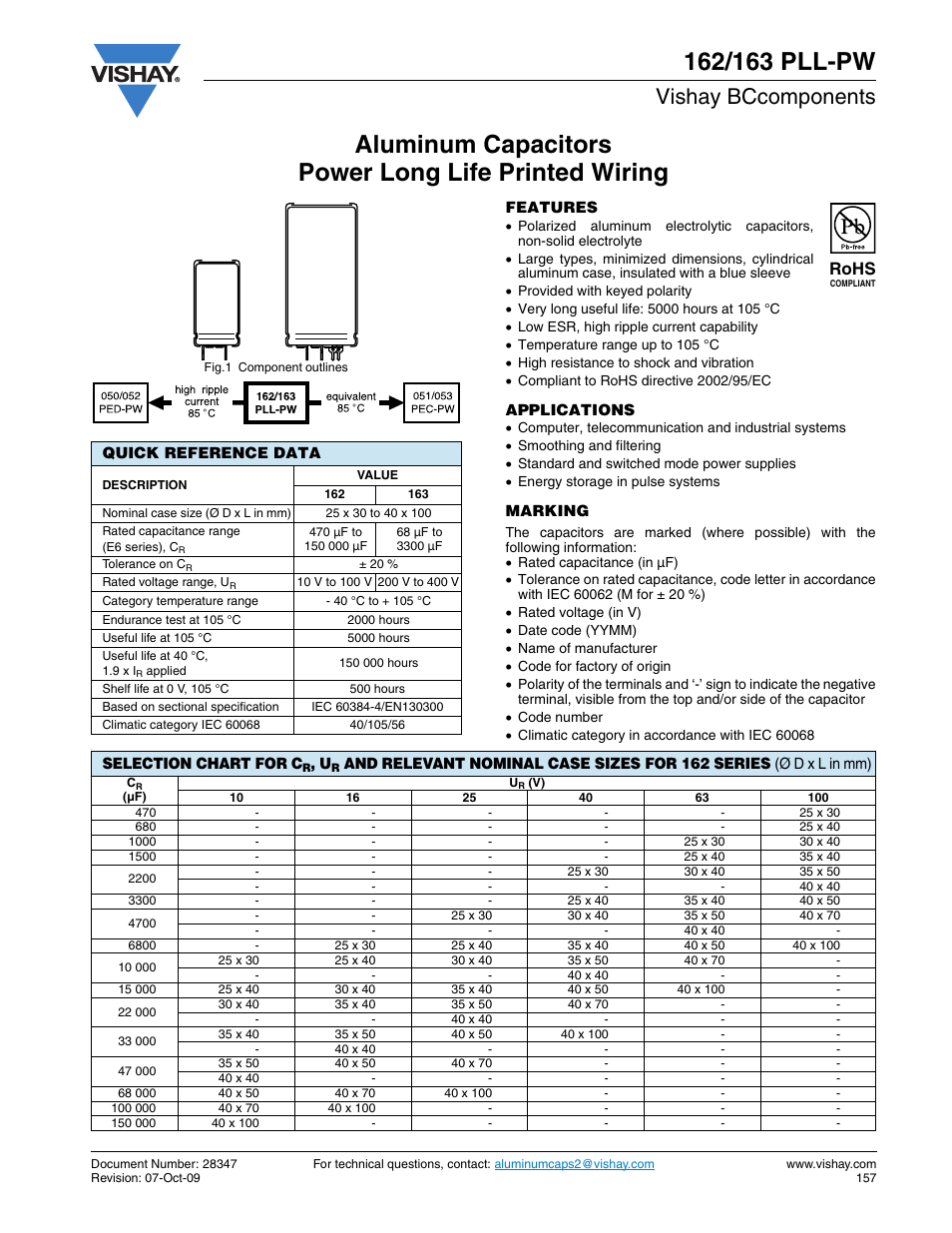 Datasheet, Vishay bccomponents, Rohs | C&H Technology 163 PLL-PW User Manual | Page 2 / 9