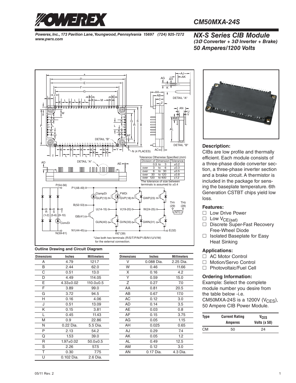 Nx-s series cib module, Cm50mxa-24s, 3ø converter + 3ø inverter + brake) | Features: £ low drive power £ low v, 50 ampere cib power module | C&H Technology CM50MXA-24S User Manual | Page 2 / 7