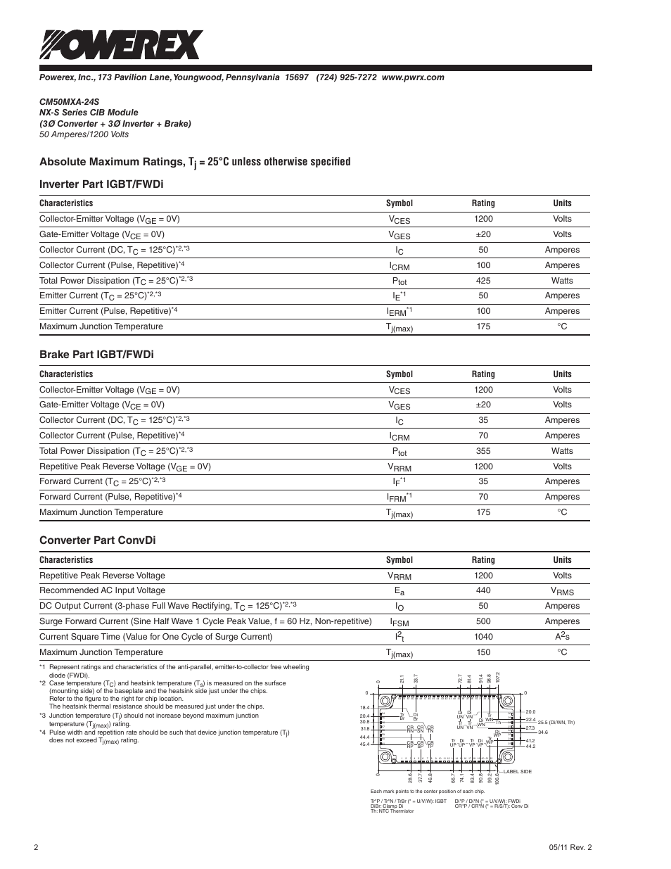 Absolute maximum ratings, t, Brake part igbt/fwdi, Converter part convdi | C&H Technology CM50MXA-24S User Manual | Page 3 / 7