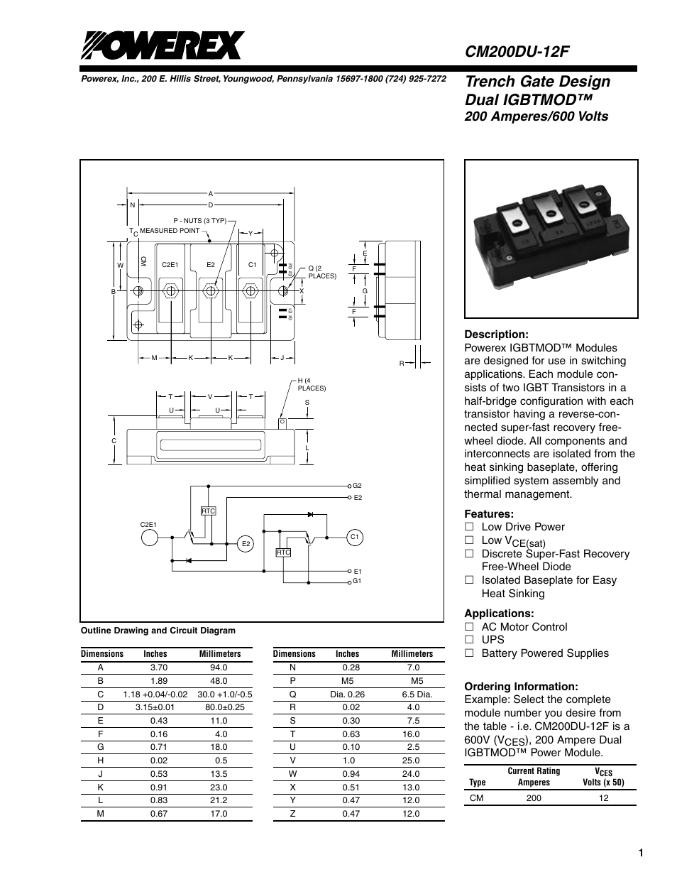 Trench gate design dual igbtmod | C&H Technology CM200DU-12F User Manual | Page 2 / 5