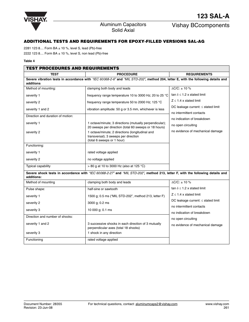 123 sal-a, Vishay bccomponents, Aluminum capacitors solid axial | C&H Technology 123 SAL-A User Manual | Page 12 / 13
