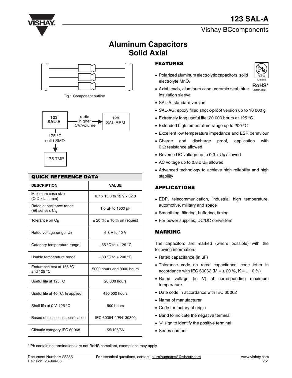 Datasheet, Aluminum capacitors solid axial 123 sal-a, Vishay bccomponents | Rohs | C&H Technology 123 SAL-A User Manual | Page 2 / 13