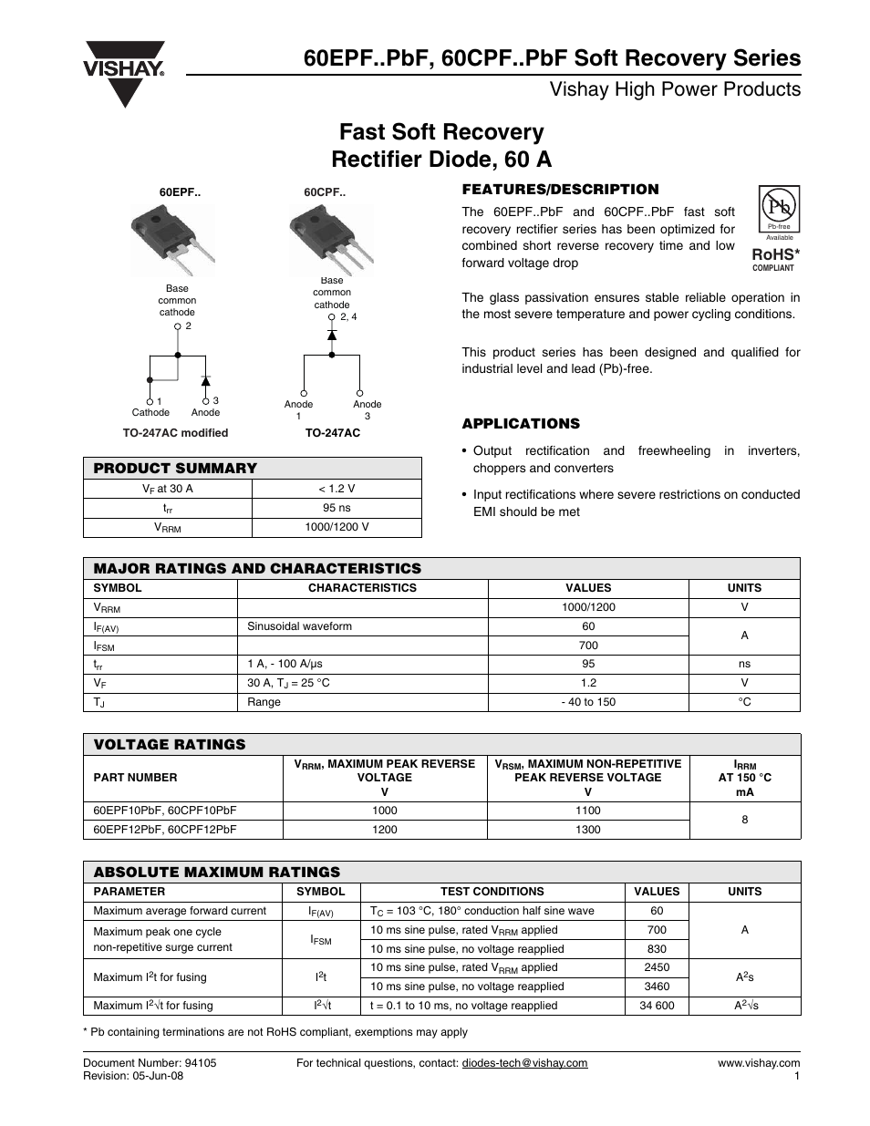 Vishay 60CPF..PbF Soft Recovery Series User Manual | 7 pages