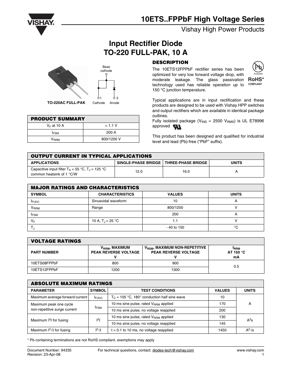 Datasheet, 10ets..fppbf high voltage series, Vishay high power products | Rohs | C&H Technology 10ETS..FPPbF High Voltage Series User Manual | Page 2 / 7