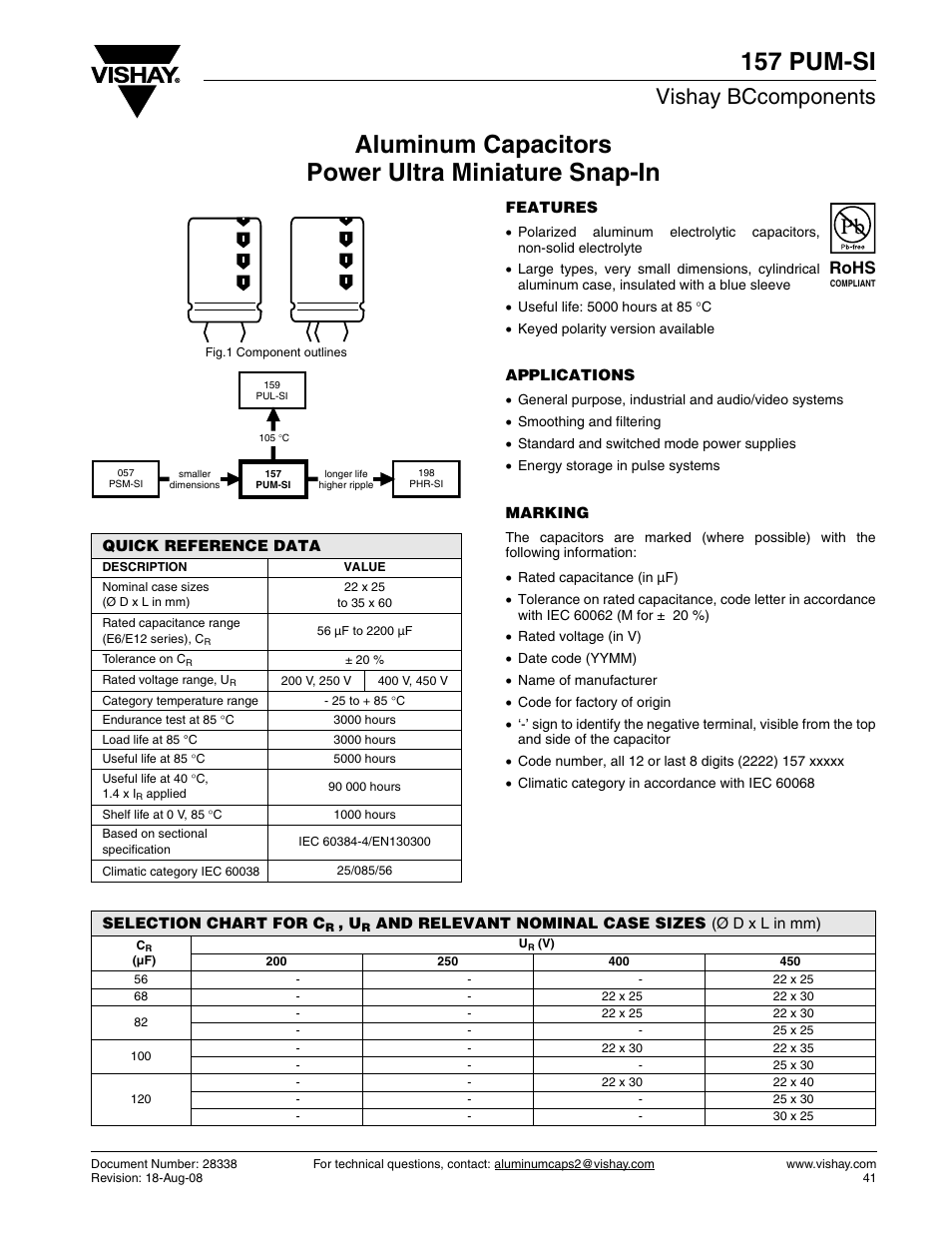 Datasheet, Vishay bccomponents, Rohs | C&H Technology 157 PUM-SI User Manual | Page 2 / 10