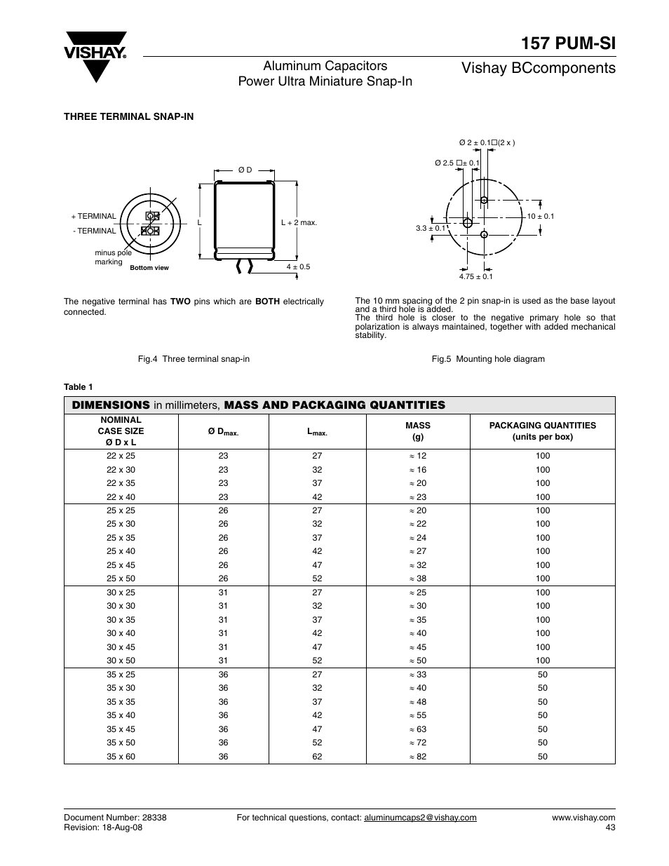 157 pum-si, Vishay bccomponents, Aluminum capacitors power ultra miniature snap-in | C&H Technology 157 PUM-SI User Manual | Page 4 / 10