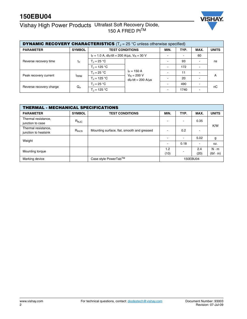 Vishay high power products, Ultrafast soft recovery diode, 150 a fred pt | C&H Technology 150EBU04 User Manual | Page 3 / 9