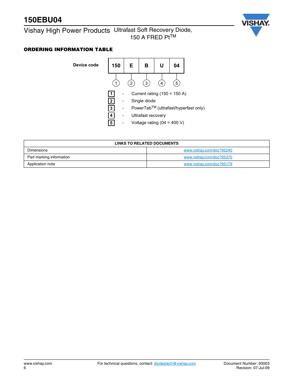 Vishay high power products, Ultrafast soft recovery diode, 150 a fred pt | C&H Technology 150EBU04 User Manual | Page 7 / 9