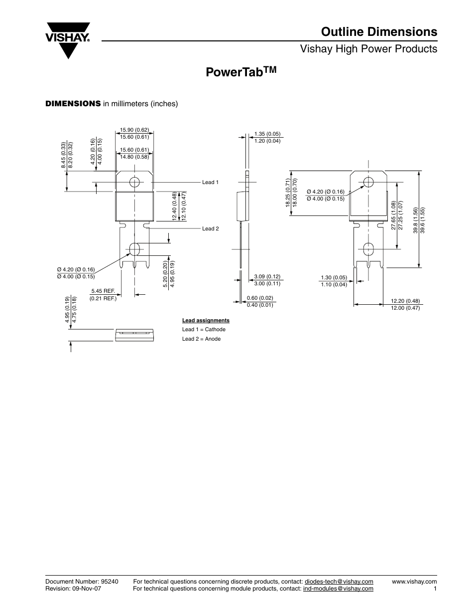 Powertab, Outline dimensions, Vishay high power products | C&H Technology 150EBU04 User Manual | Page 8 / 9