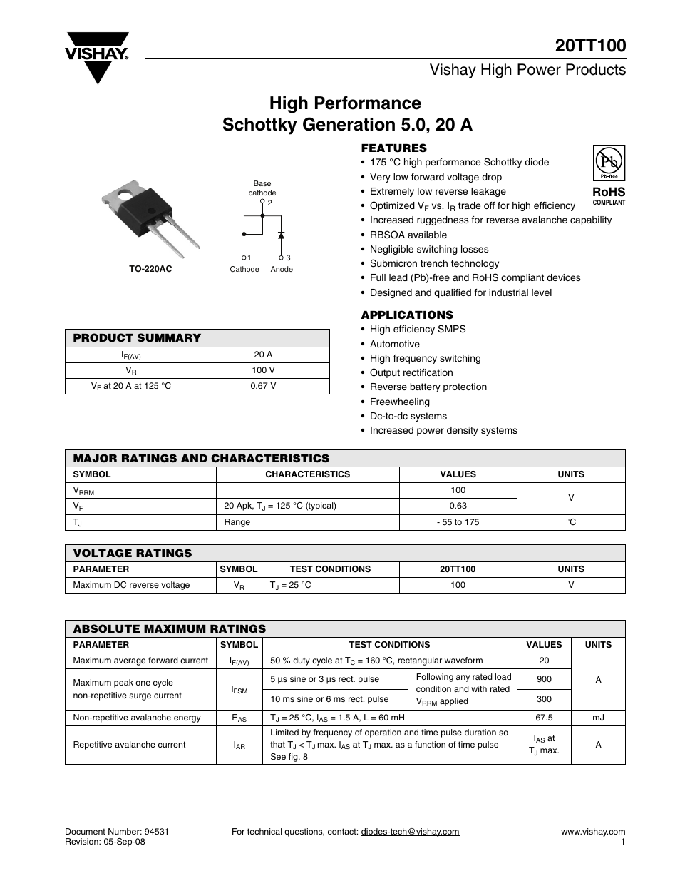 Datasheet, Vishay high power products, Rohs | C&H Technology 20TT100 User Manual | Page 2 / 8