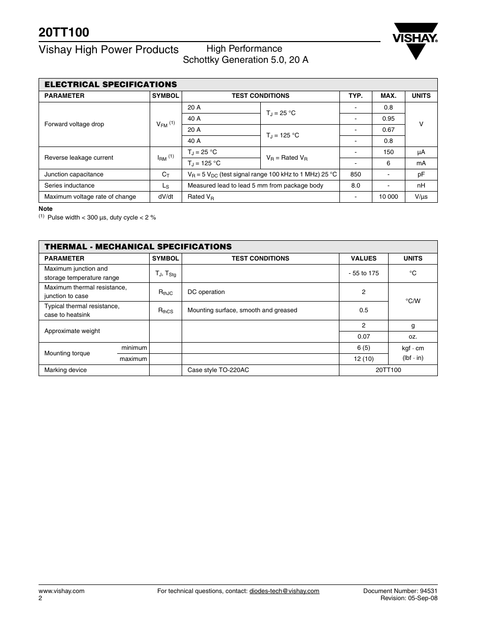 Vishay high power products, High performance schottky generation 5.0, 20 a | C&H Technology 20TT100 User Manual | Page 3 / 8