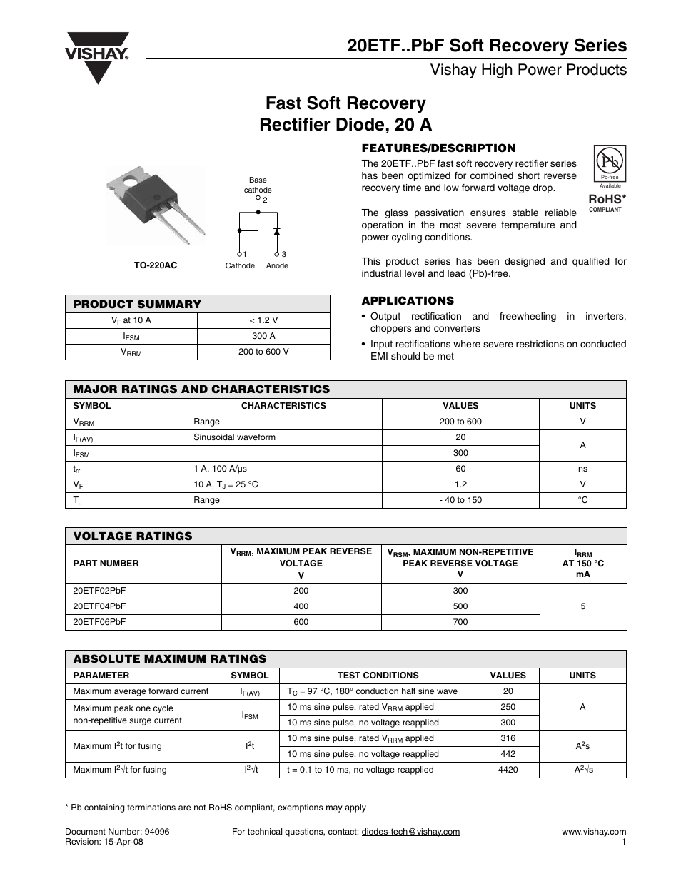 Vishay 20ETF..PbF Soft Recovery Series User Manual | 7 pages