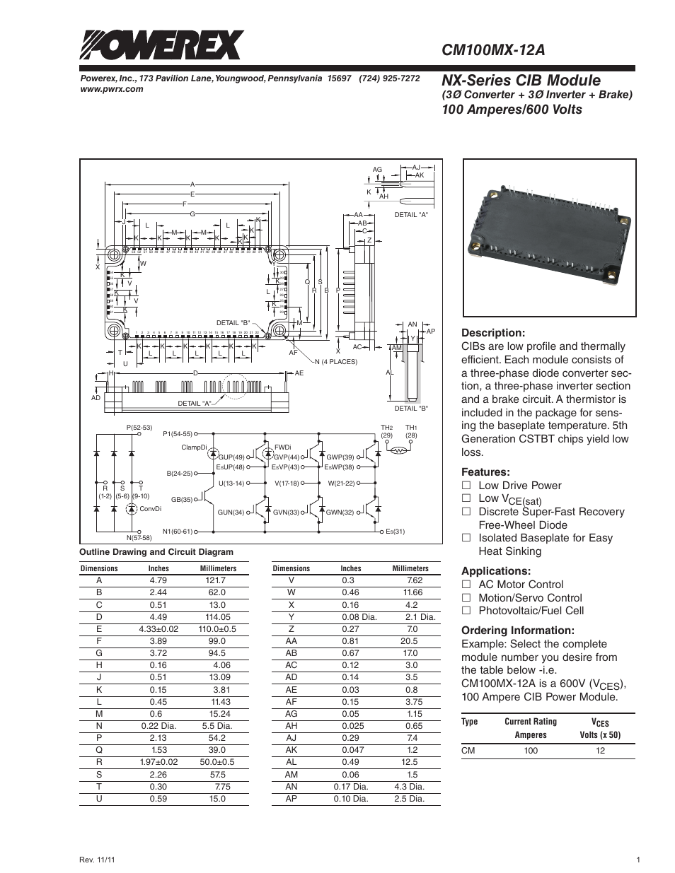 Nx-series cib module, 3ø converter + 3ø inverter + brake), Features: £ low drive power £ low v | 100 ampere cib power module | C&H Technology CM100MX-12A User Manual | Page 2 / 8