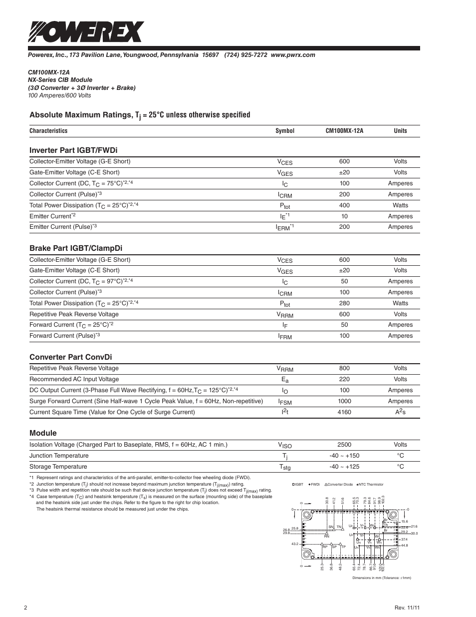 Absolute maximum ratings, t, 25°c unless otherwise specified, Inverter part igbt/fwdi | Brake part igbt/clampdi, Converter part convdi, Module | C&H Technology CM100MX-12A User Manual | Page 3 / 8