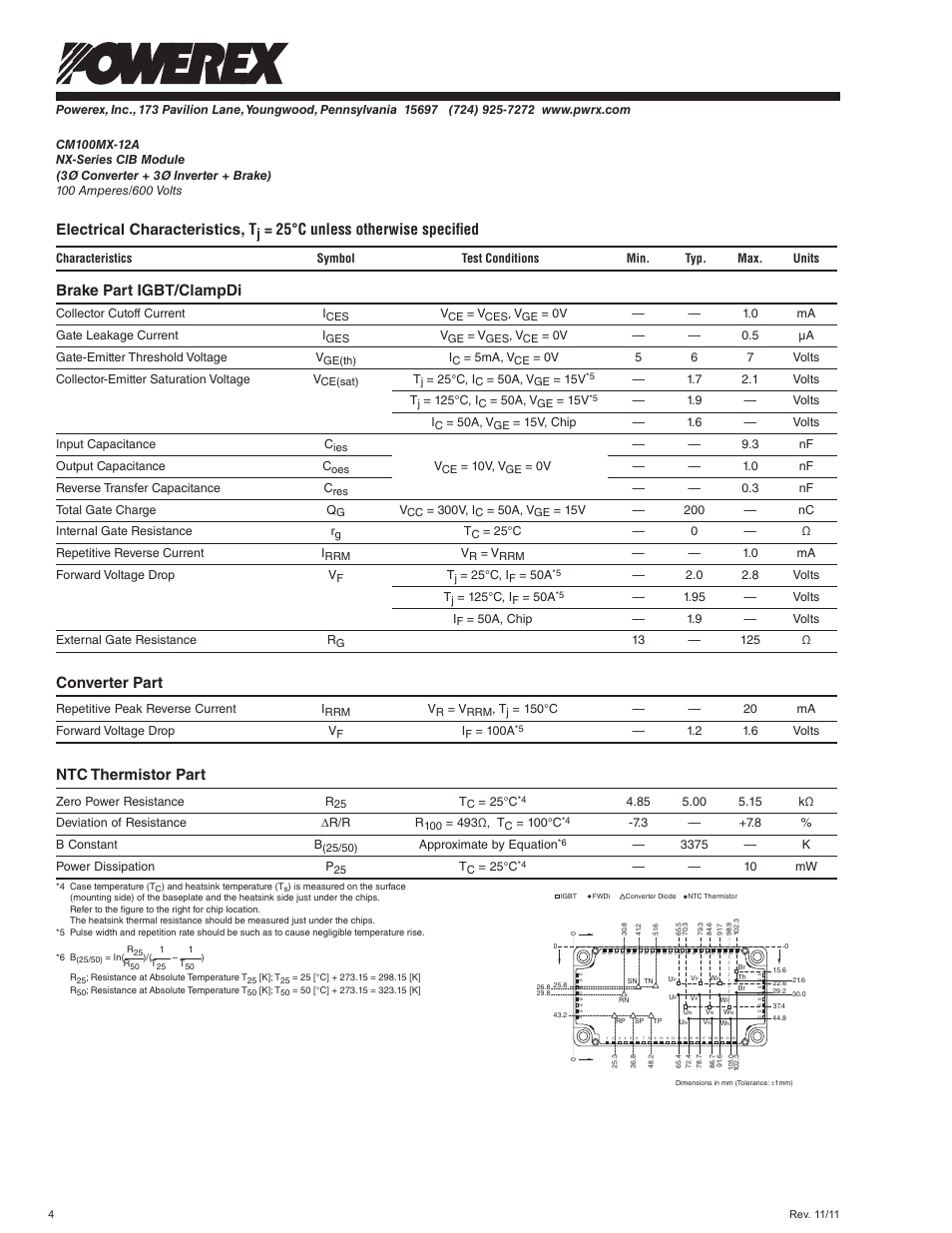 Electrical characteristics, t, 25°c unless otherwise specified, Brake part igbt/clampdi | Converter part, Ntc thermistor part | C&H Technology CM100MX-12A User Manual | Page 5 / 8