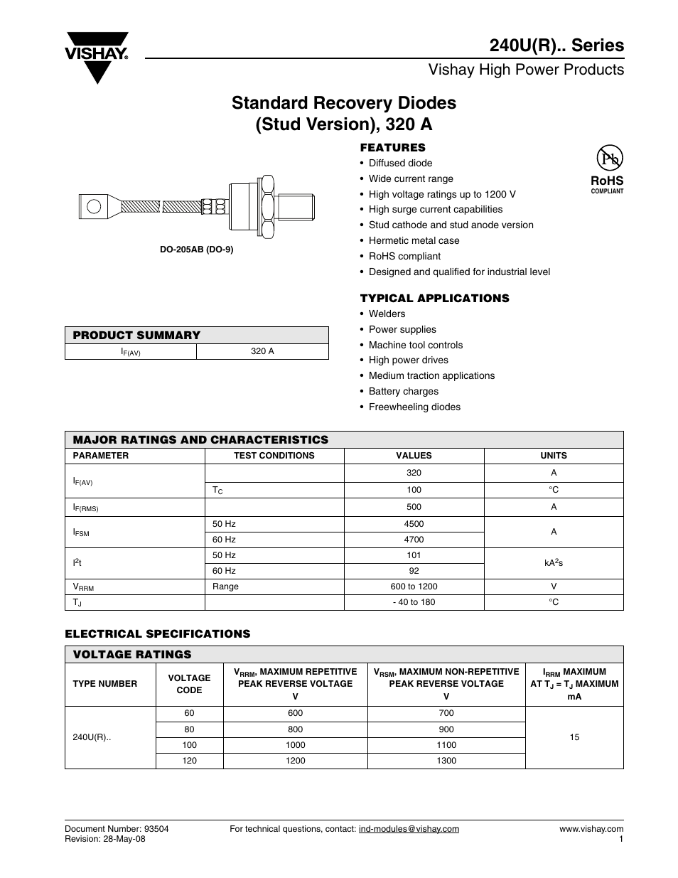 Datasheet, Vishay high power products, Rohs | C&H Technology 240U(R).. Series User Manual | Page 2 / 8