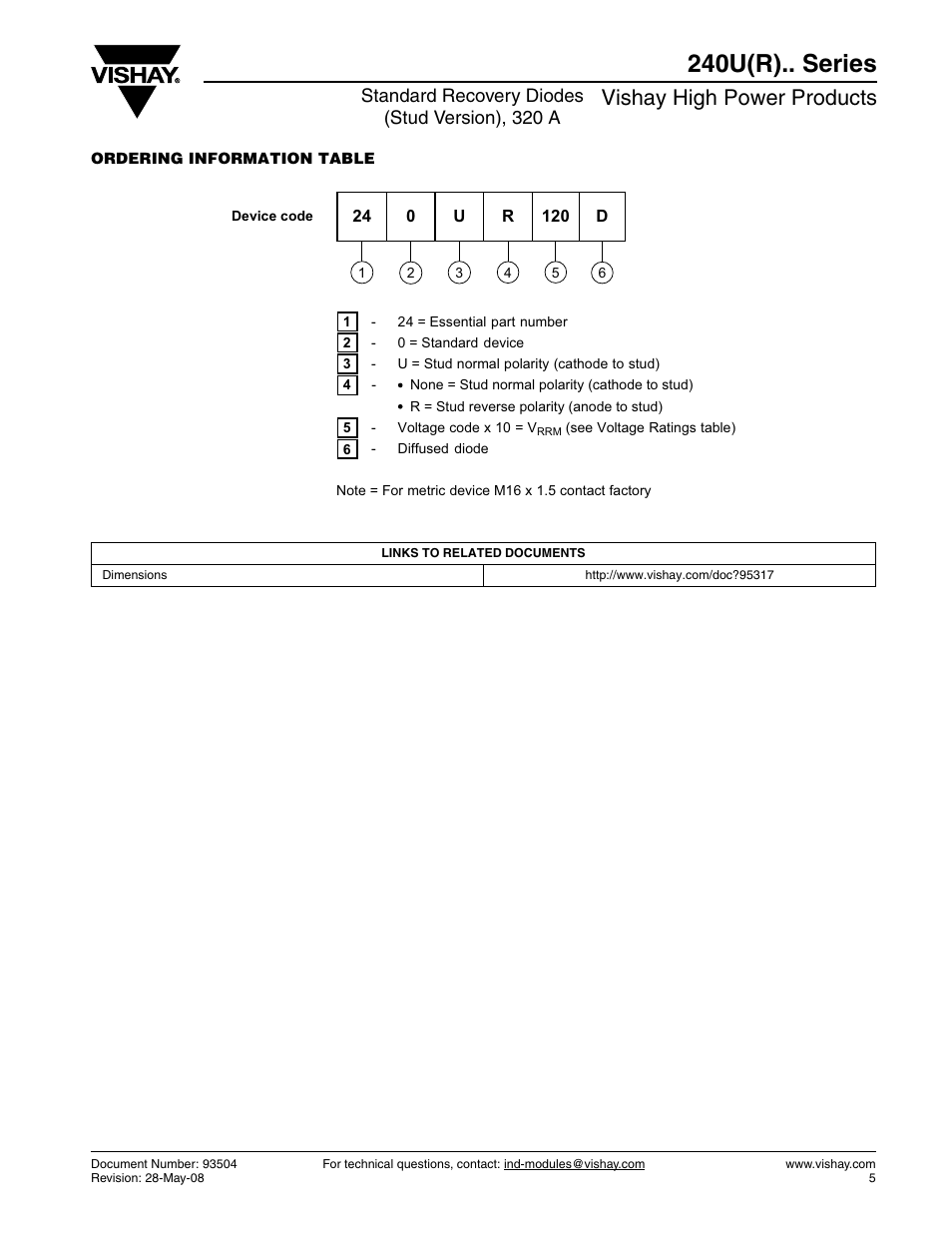 240u(r).. series, Vishay high power products, Standard recovery diodes (stud version), 320 a | C&H Technology 240U(R).. Series User Manual | Page 6 / 8