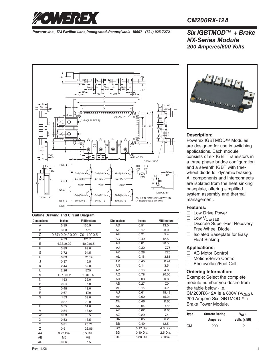 Six igbtmod™ + brake nx-series module, Features: £ low drive power £ low v, 200 ampere six-igbtmod™ + brake power module | Ce(sat) | C&H Technology CM200RX-12A User Manual | Page 2 / 7