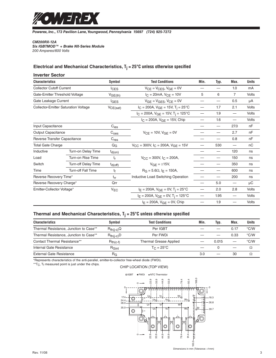 Electrical and mechanical characteristics, t, 25°c unless otherwise specified inverter sector, Thermal and mechanical characteristics, t | 25°c unless otherwise specified | C&H Technology CM200RX-12A User Manual | Page 4 / 7