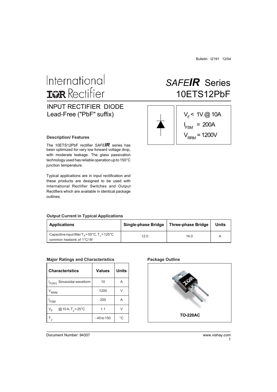 Safe, Series 10ets12pbf, Input rectifier diode lead-free ("pbf" suffix) | 1v @ 10a i, 200a v, 1200v | C&H Technology 10ETS12PbF SAFEIR Series User Manual | Page 2 / 7
