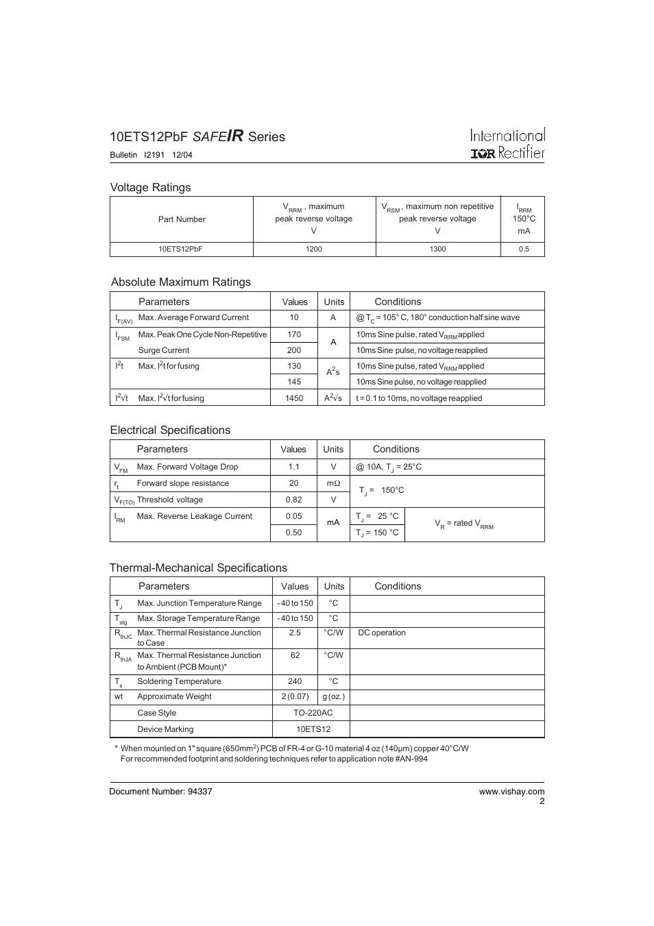 10ets12pbf safe, Series, Voltage ratings | Thermal-mechanical specifications, Absolute maximum ratings electrical specifications | C&H Technology 10ETS12PbF SAFEIR Series User Manual | Page 3 / 7