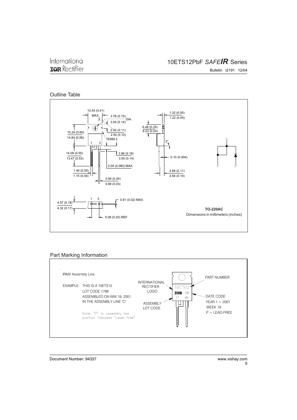 10ets12pbf safe, Series, Part marking information | Outline table | C&H Technology 10ETS12PbF SAFEIR Series User Manual | Page 6 / 7