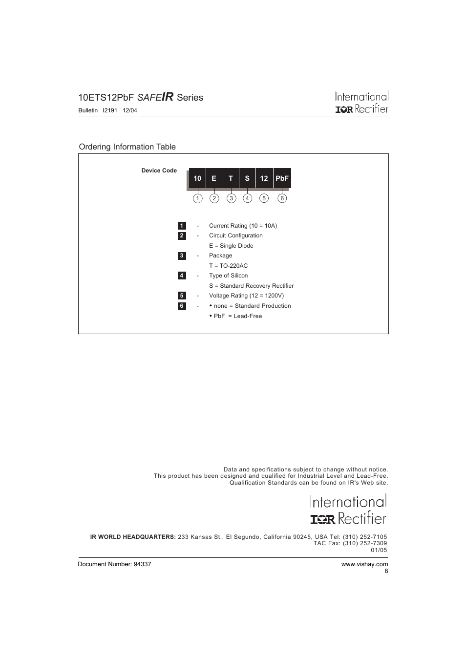 10ets12pbf safe, Series | C&H Technology 10ETS12PbF SAFEIR Series User Manual | Page 7 / 7