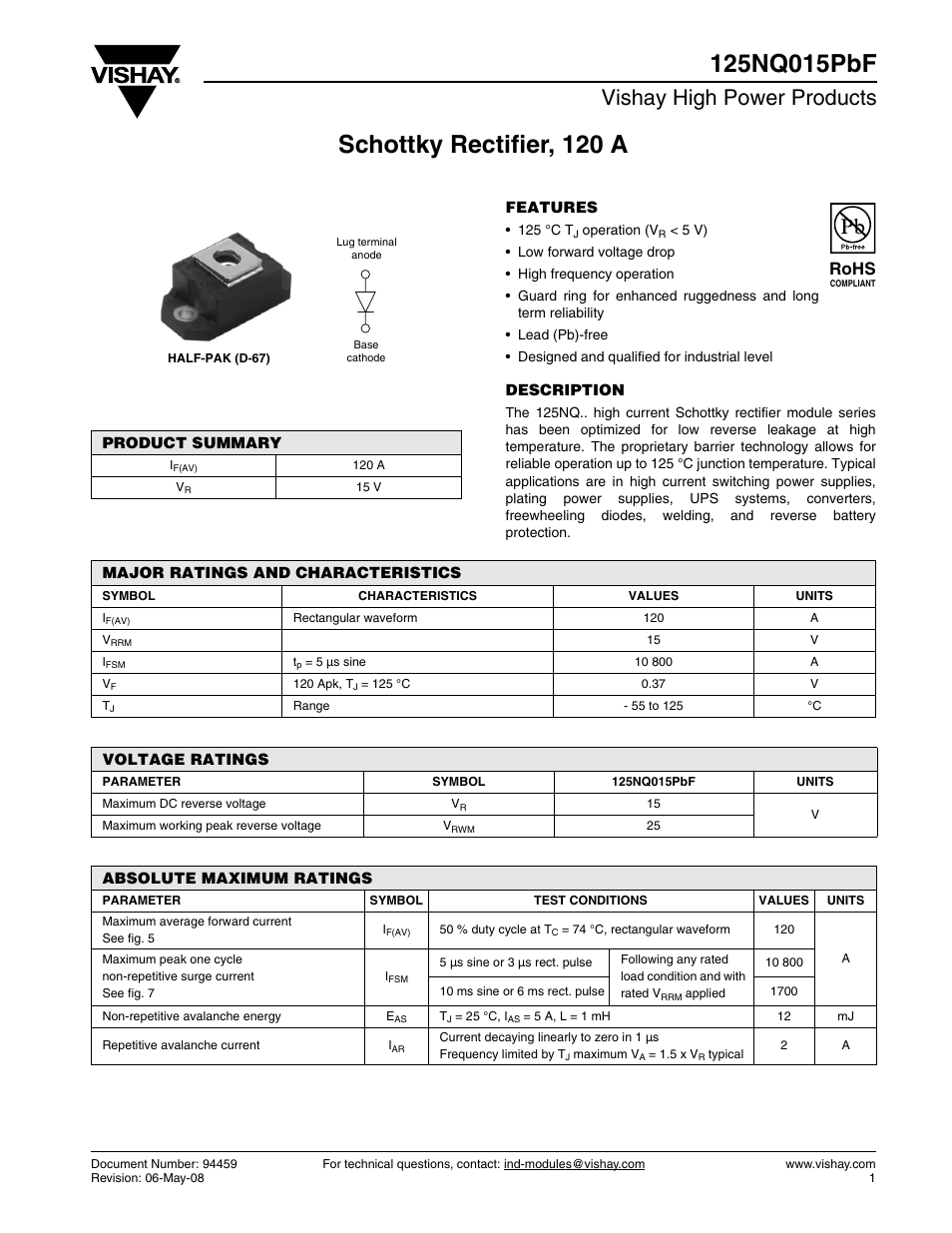 Datasheet, Vishay high power products, Rohs | C&H Technology 125NQ015PbF User Manual | Page 2 / 7