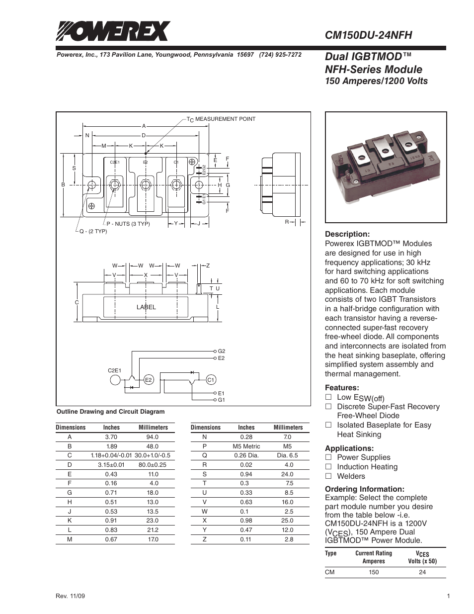 Dual igbtmod™ nfh-series module | C&H Technology CM150DU-24NFH User Manual | Page 2 / 5
