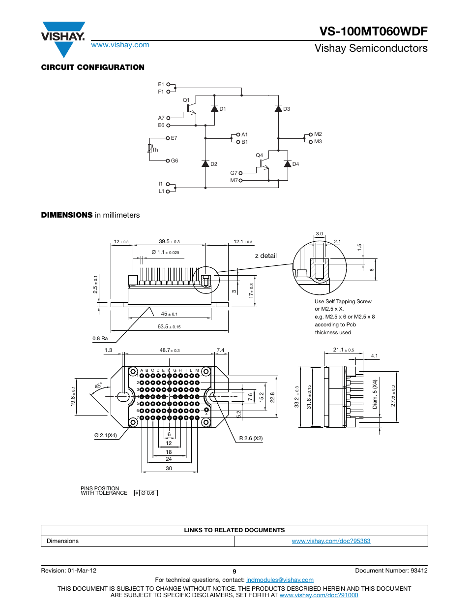 Vishay semiconductors, Circuit configuration dimensions in millimeters | C&H Technology VS-100MT060WDF User Manual | Page 10 / 12