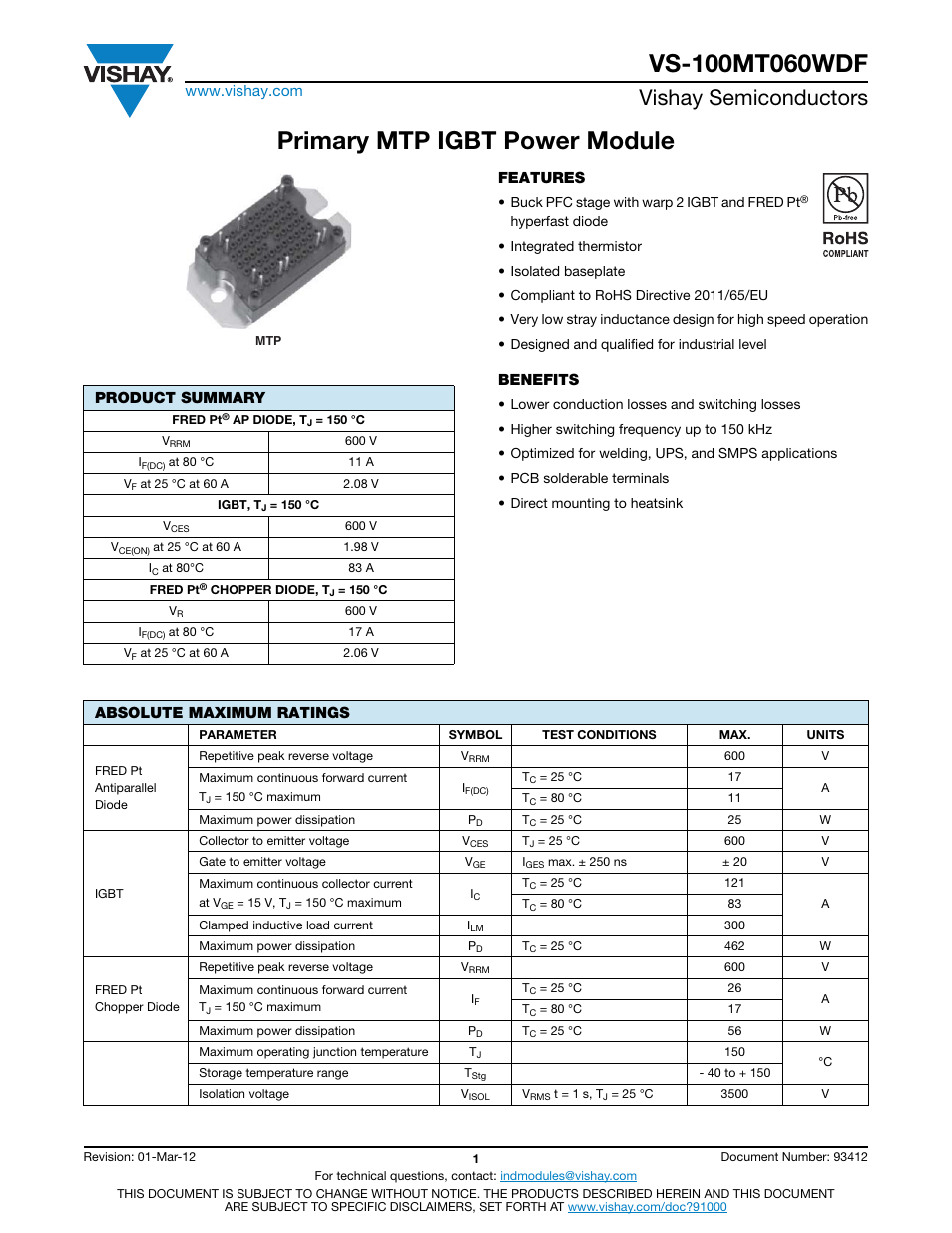 Datasheet, Primary mtp igbt power module, Vishay semiconductors | C&H Technology VS-100MT060WDF User Manual | Page 2 / 12