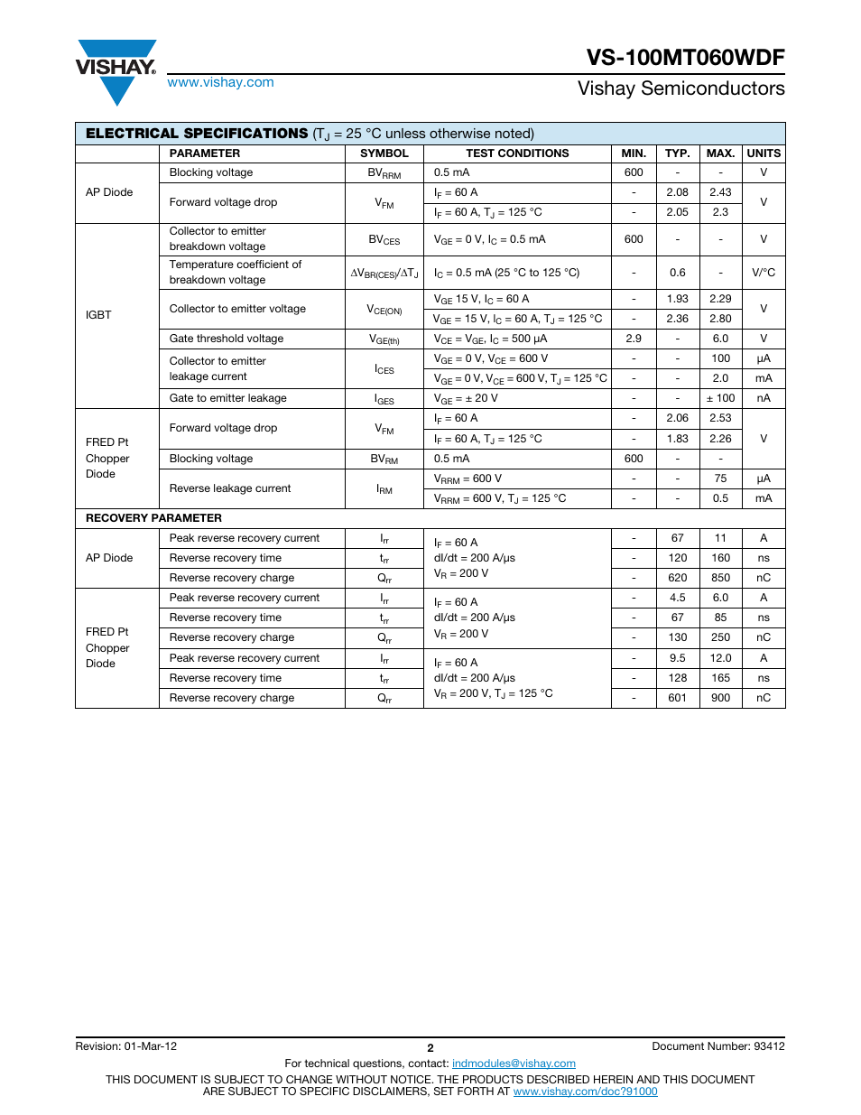 Vishay semiconductors, Electrical specifications (t | C&H Technology VS-100MT060WDF User Manual | Page 3 / 12