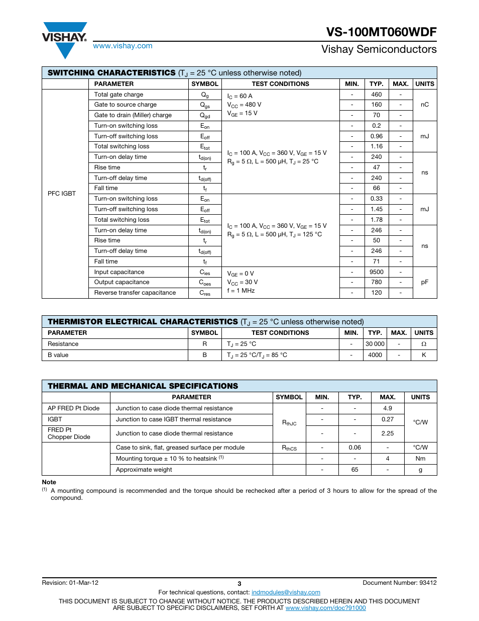 Vishay semiconductors | C&H Technology VS-100MT060WDF User Manual | Page 4 / 12