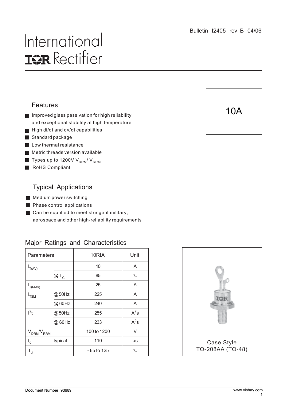 10ria series, Medium power thyristors stud version, Major ratings and characteristics features | Typical applications | C&H Technology 10RIA Series User Manual | Page 2 / 9