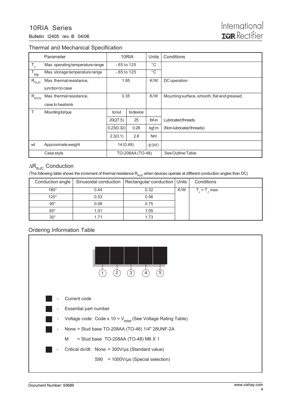 10ria series, Thermal and mechanical specification δr, Conduction | Ordering information table | C&H Technology 10RIA Series User Manual | Page 5 / 9