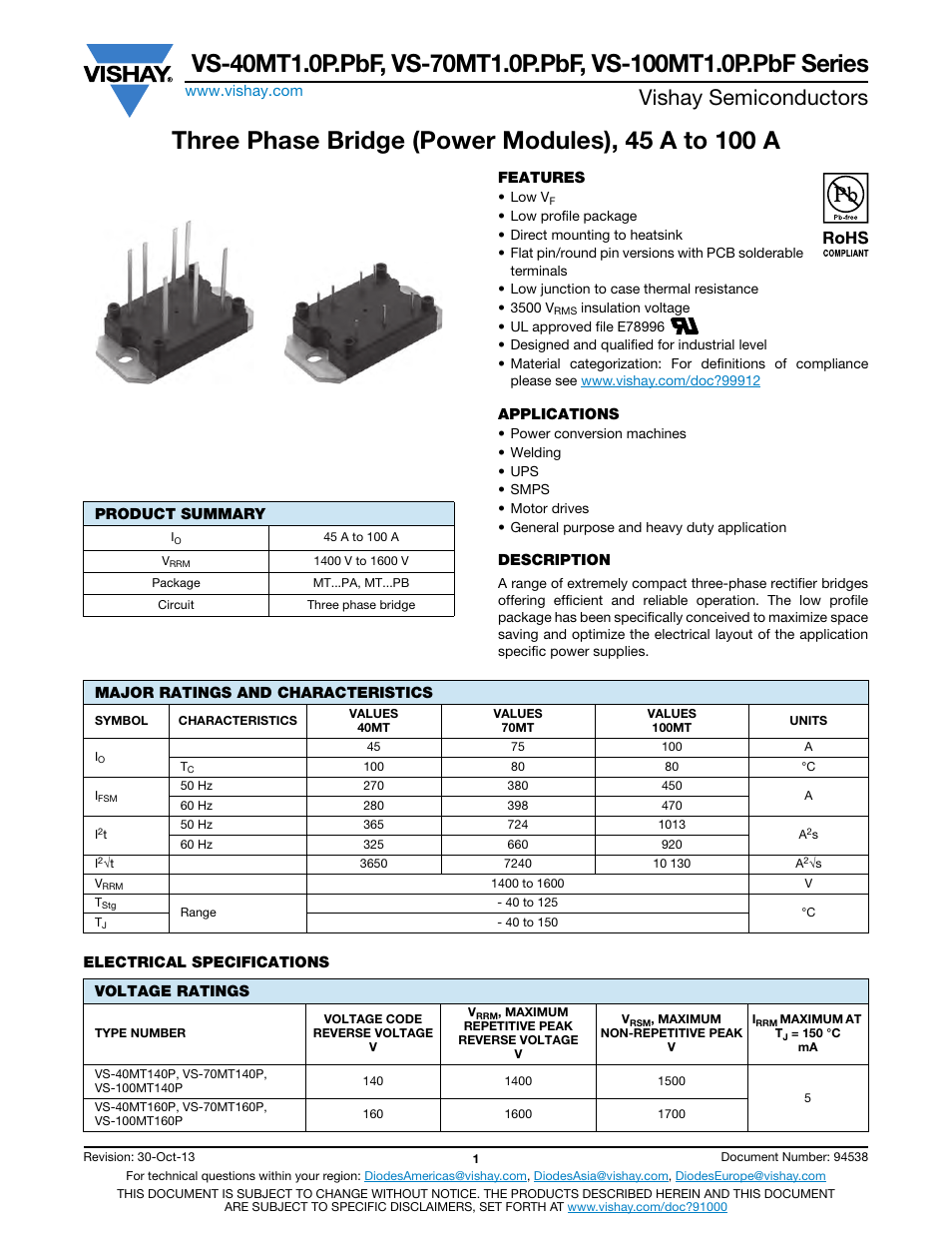 Vishay semiconductors | C&H Technology VS-100MT1.0P.PbF Series User Manual | Page 2 / 10