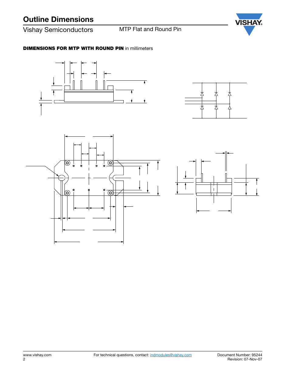 Outline dimensions, Vishay semiconductors, Mtp flat and round pin | Dimensions for mtp with round pin in millimeters | C&H Technology VS-100MT1.0P.PbF Series User Manual | Page 9 / 10