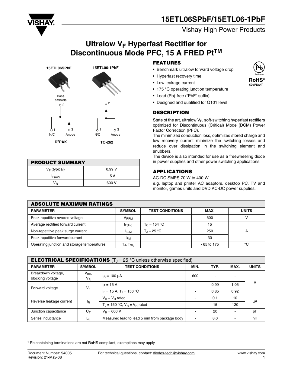 Vishay 15ETL06-1PbF User Manual | 7 pages