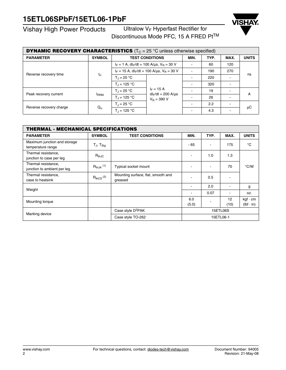 Vishay high power products, Ultralow v | Vishay 15ETL06-1PbF User Manual | Page 2 / 7