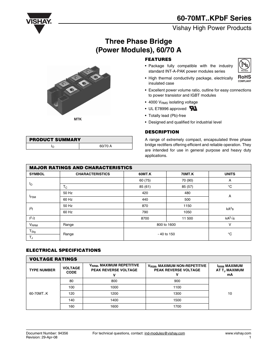 Datasheet, Vishay high power products, Rohs | C&H Technology 60-70MT..KPbF Series User Manual | Page 2 / 9