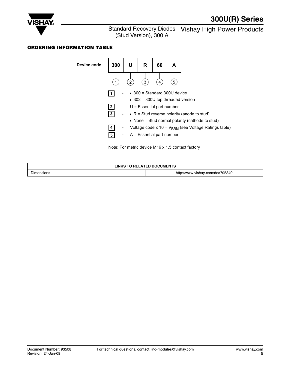 300u(r) series, Vishay high power products, Standard recovery diodes (stud version), 300 a | C&H Technology 300U(R) Series User Manual | Page 6 / 8