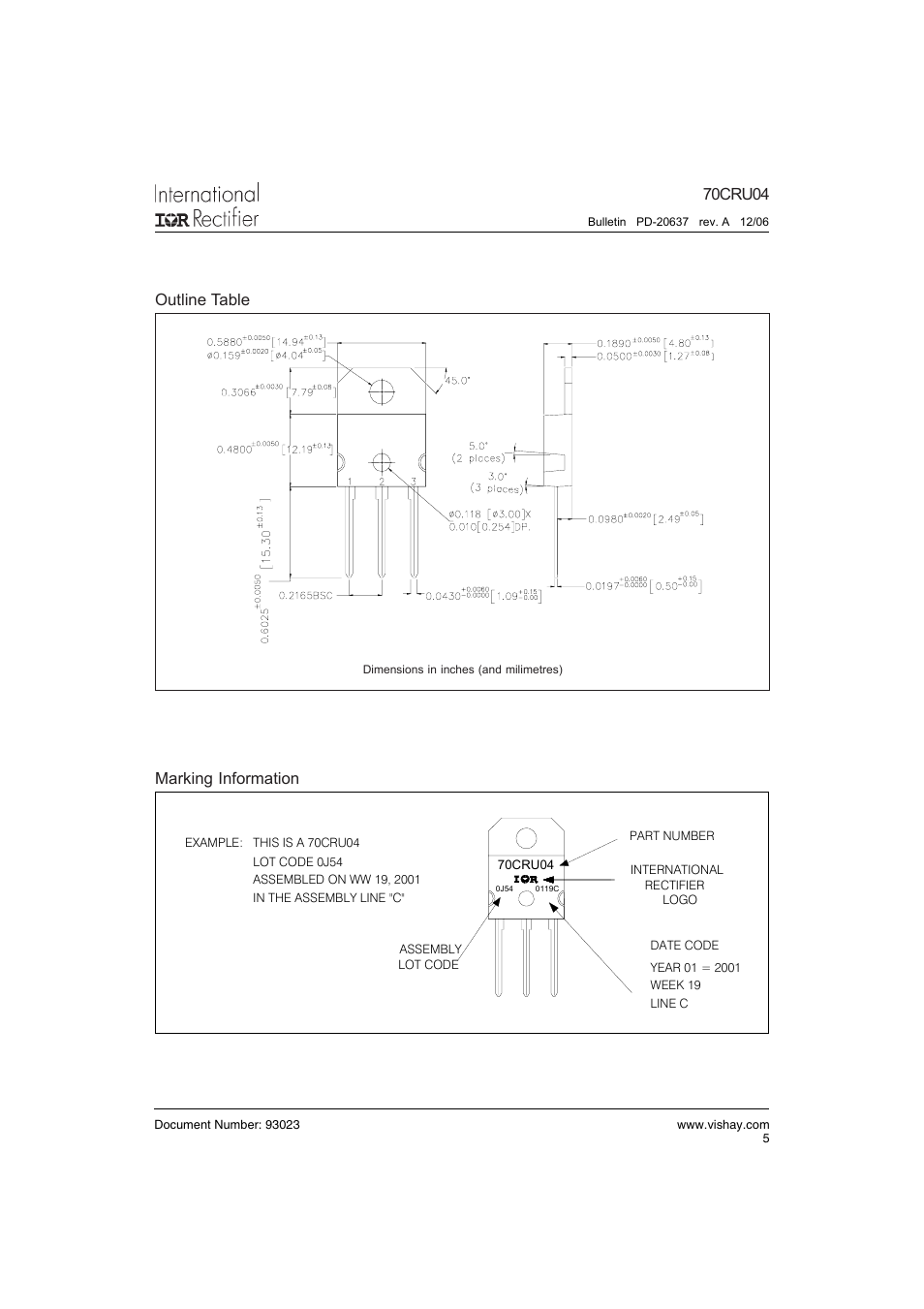 70cru04 outline table, Marking information | Vishay 70CRU04 User Manual | Page 5 / 7