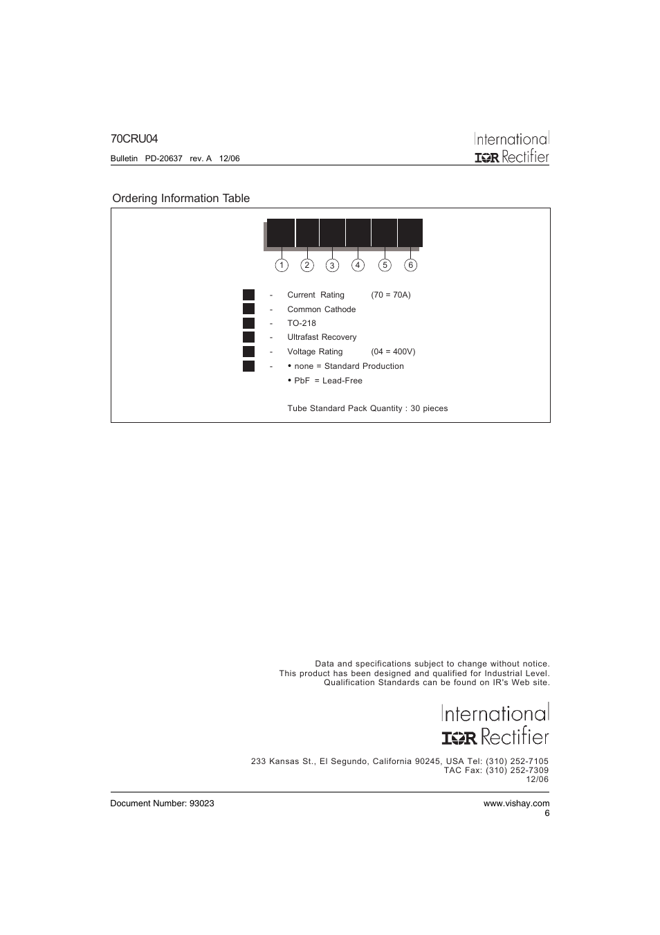 70cru04, Ordering information table | Vishay 70CRU04 User Manual | Page 6 / 7