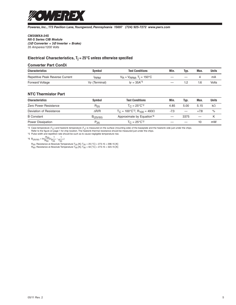 Electrical characteristics, t, Ntc thermistor part | C&H Technology CM35MXA-24S User Manual | Page 6 / 7