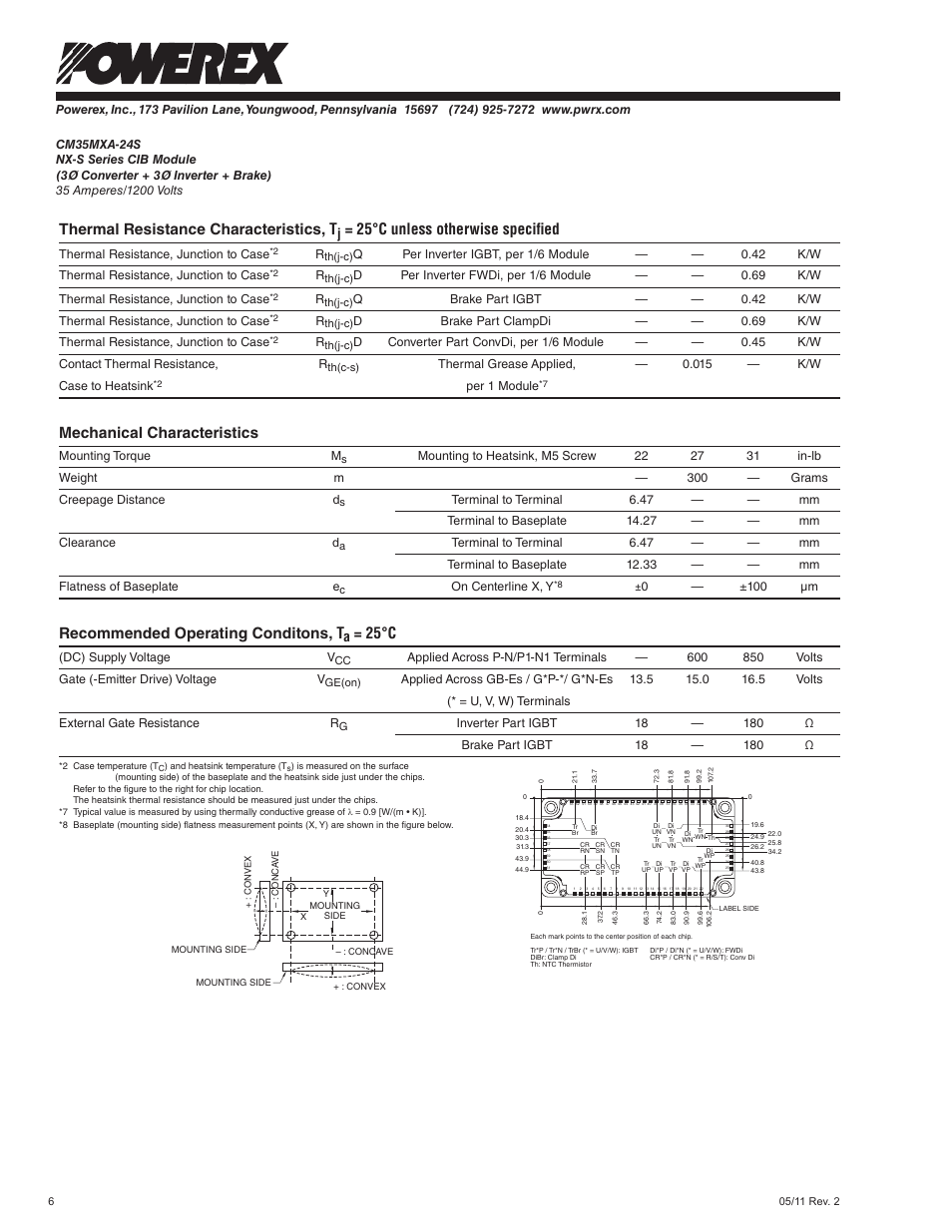 Thermal resistance characteristics, t, 25°c unless otherwise specified, Mechanical characteristics | Recommended operating conditons, t, 25°c | C&H Technology CM35MXA-24S User Manual | Page 7 / 7