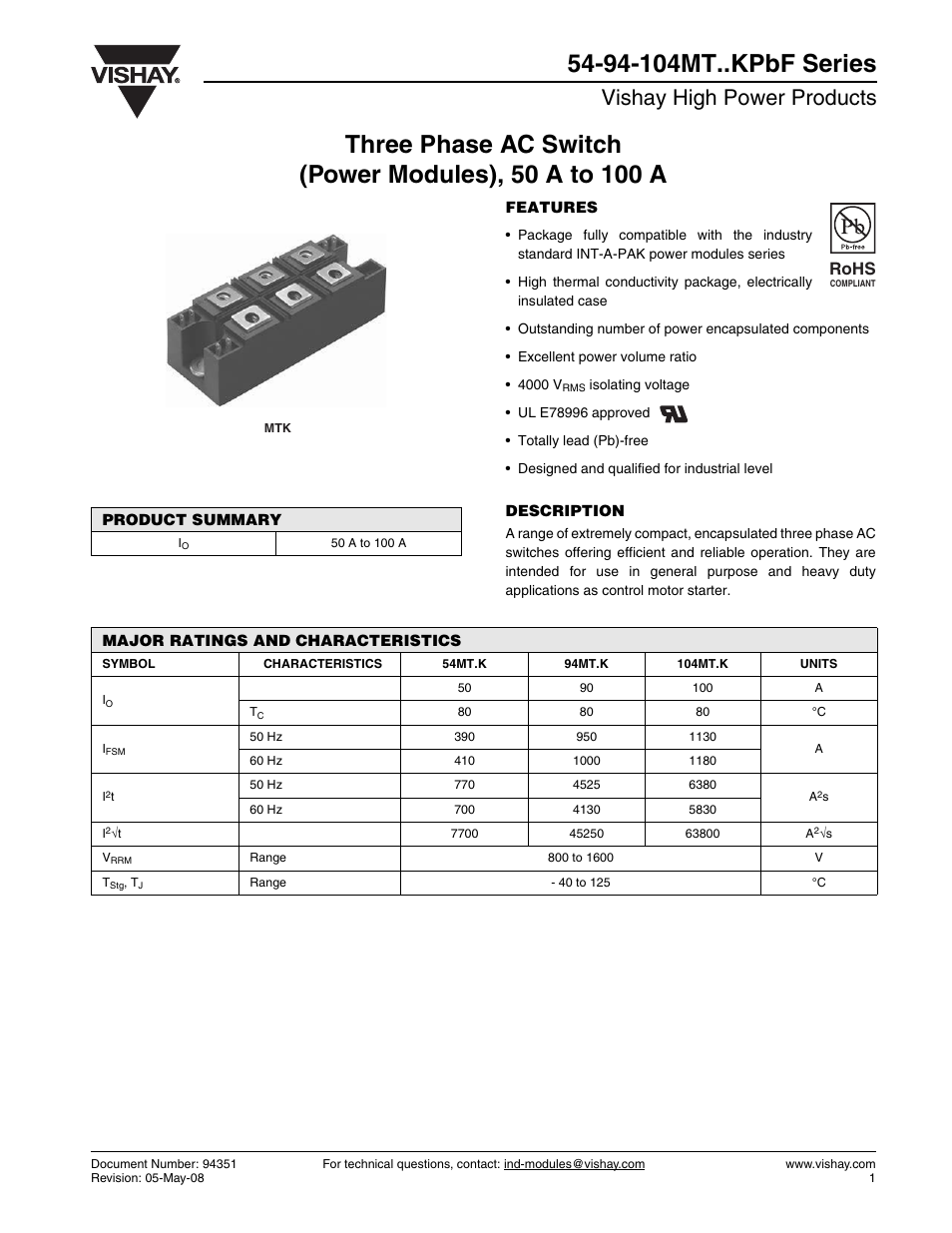Vishay high power products, Rohs | C&H Technology 104MT..KPbF Series User Manual | Page 2 / 9