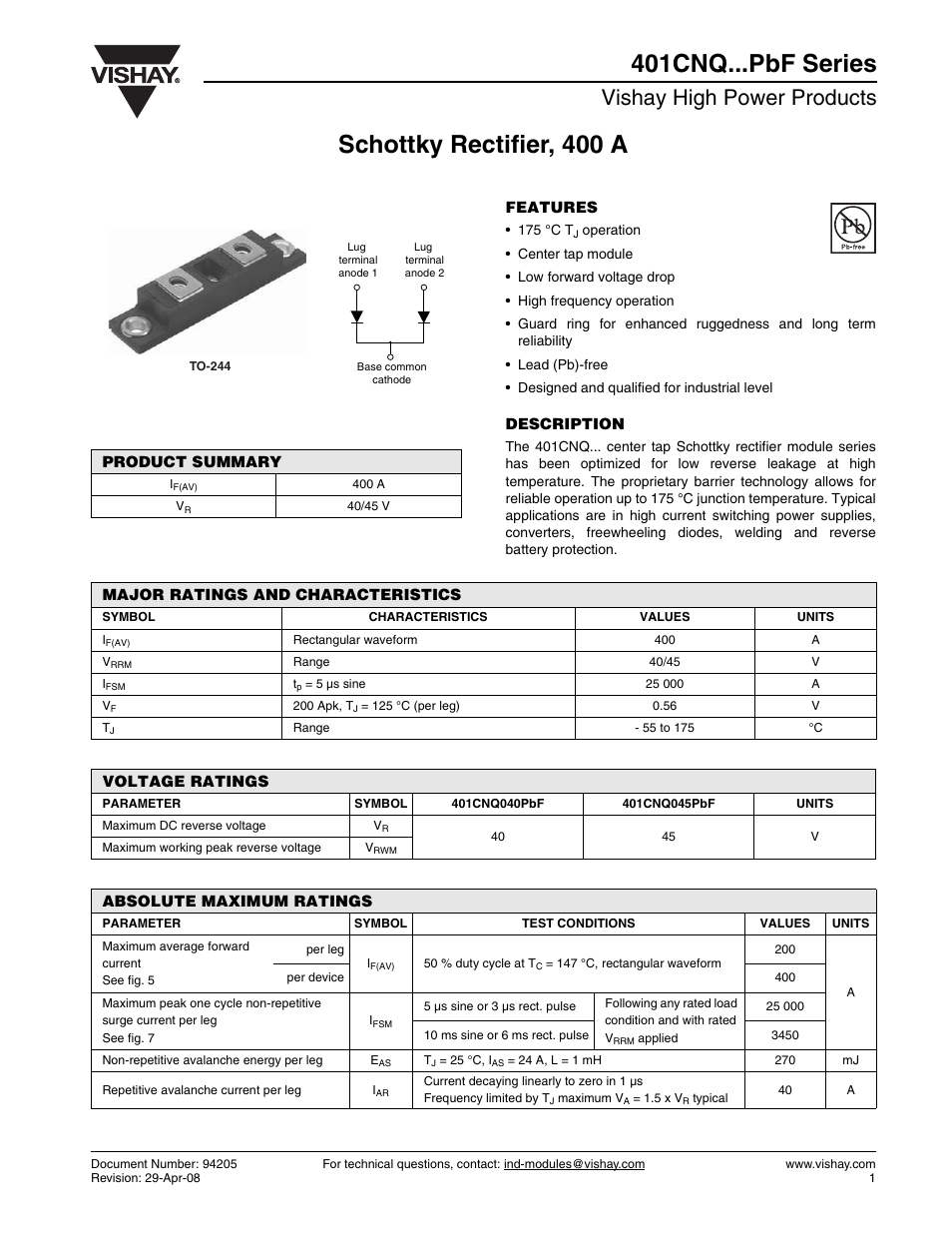 Datasheet, Vishay high power products | C&H Technology 401CNQ...PbF Series User Manual | Page 2 / 7